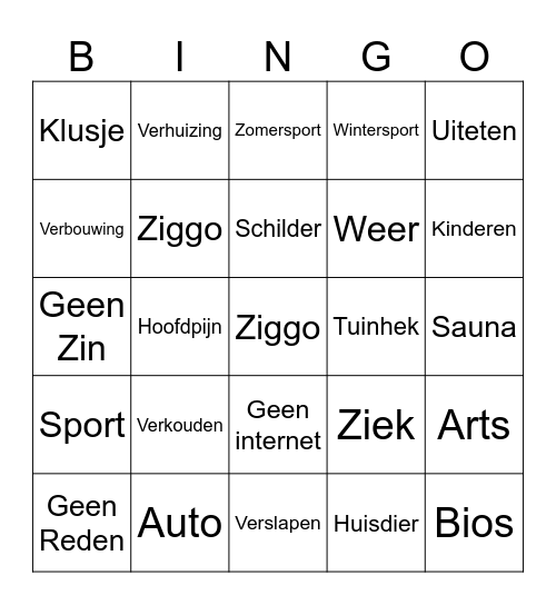 Afwezigheids Bingo Card