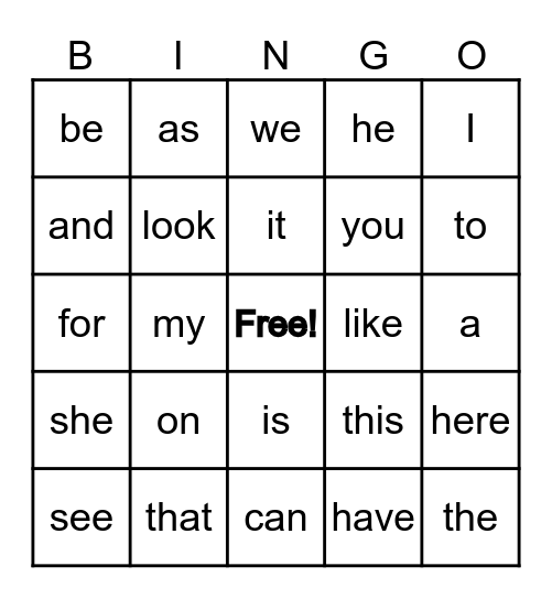 Sight Word Bingo Card