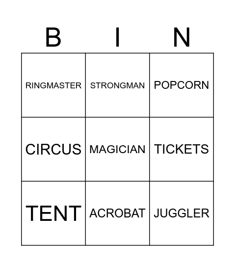 THE CIRCUS BINGO Card