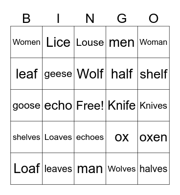 Irregular Plural Nouns Bingo Card