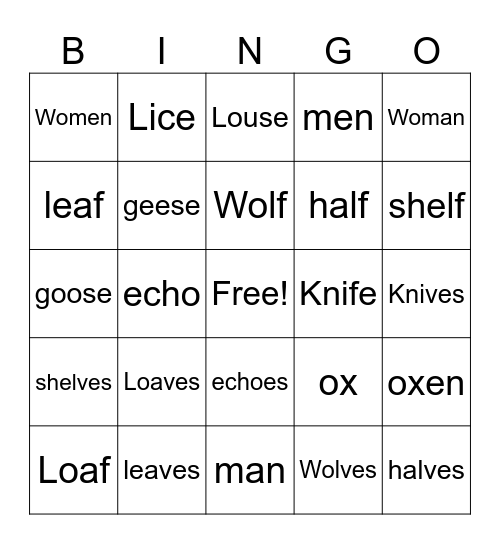 Irregular Plural Nouns Bingo Card