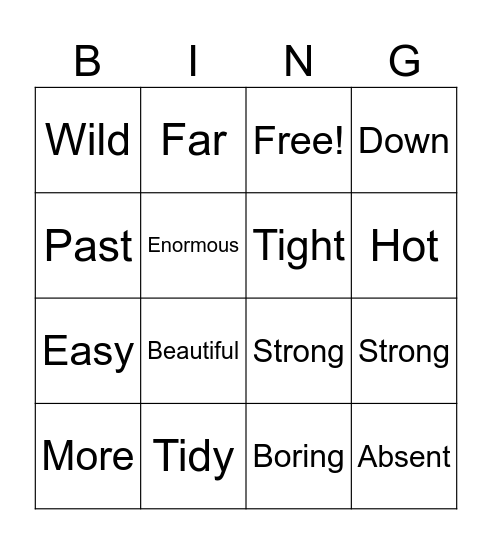 Antonym Bingo Card