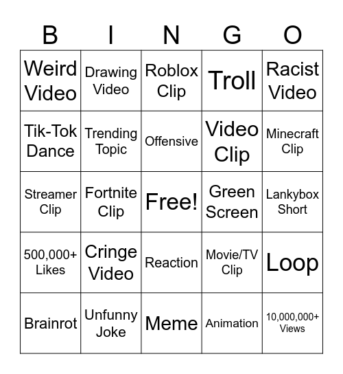 YT Shorts Bingo Card Bingo Card