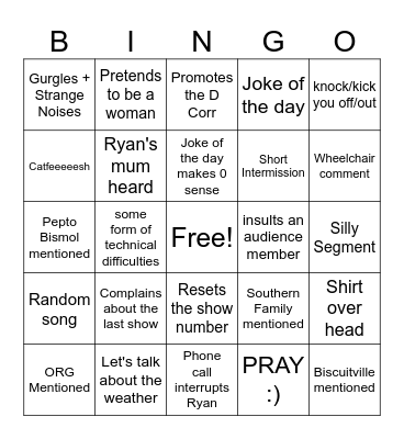 Ryan G Carmichael Show Bingo Card