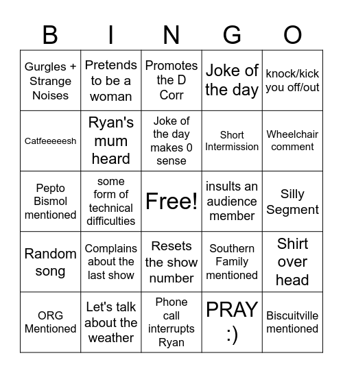 Ryan G Carmichael Show Bingo Card