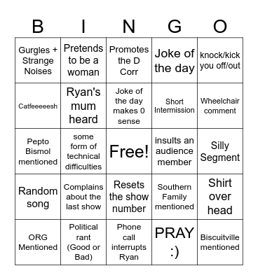 Ryan G Carmichael Show Bingo Card