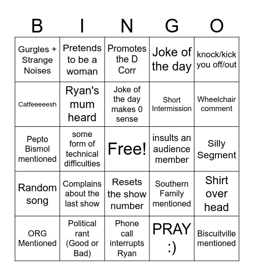 Ryan G Carmichael Show Bingo Card