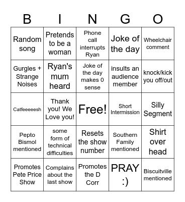 Ryan G Carmichael Show Bingo Card