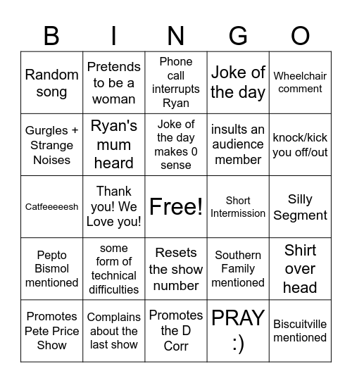 Ryan G Carmichael Show Bingo Card
