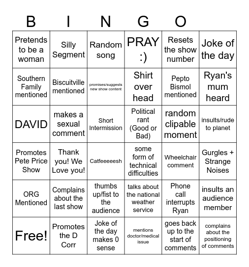 Ryan G Carmichael Show Bingo Card
