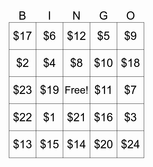 Dollar Up Bingo Card