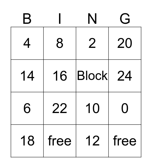 Times Two Bingo Card