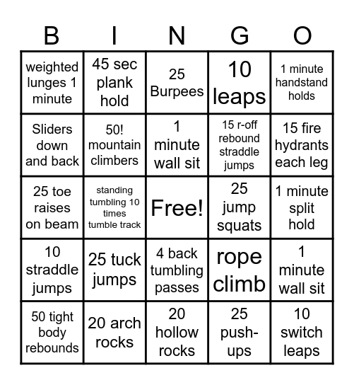 Gymnastics Conditioning Bingo Card