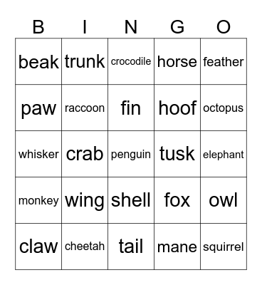 Animal Bingo Card