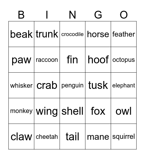 Animal Bingo Card
