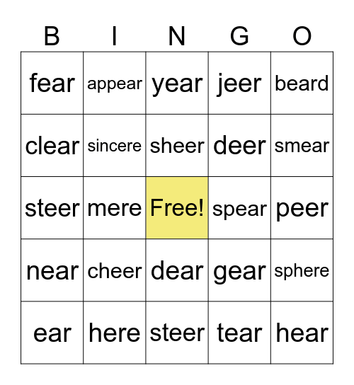 eer, ear, ere Bingo Card