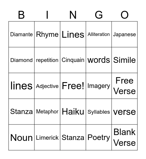Poetry Bingo Card