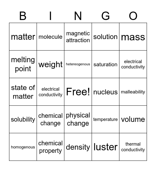 Physical Science Bingo Card