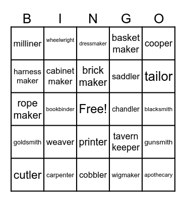Colonial Occupations Bingo Card