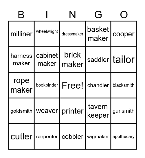 Colonial Occupations Bingo Card