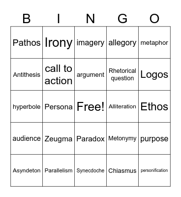 Rhetorical Devices Bingo Card