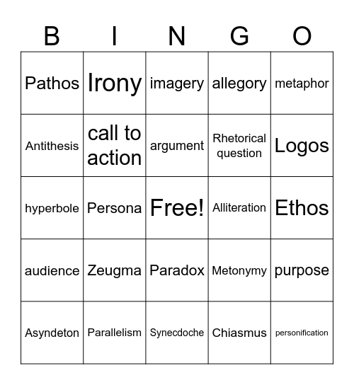 Rhetorical Devices Bingo Card