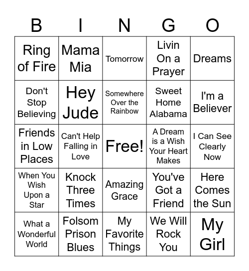 Musical Bingo Card