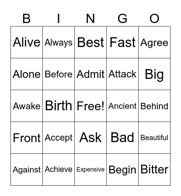 Antonyms Bingo Card