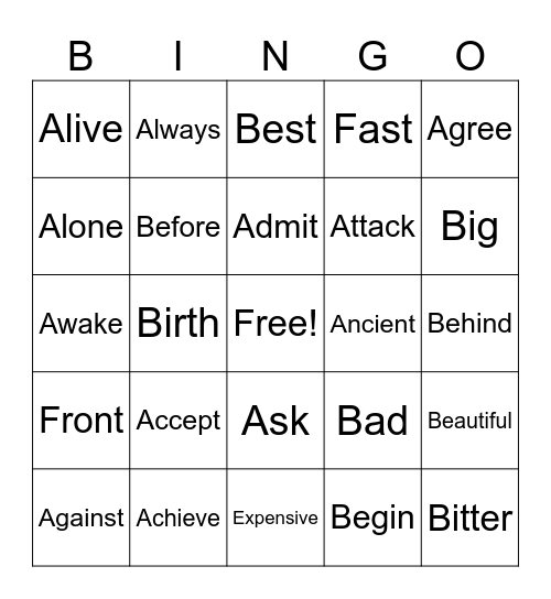 Antonyms Bingo Card