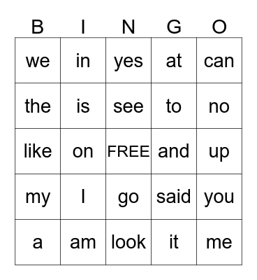 Sight Words Bingo Card