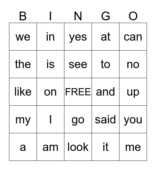 Sight Words Bingo Card
