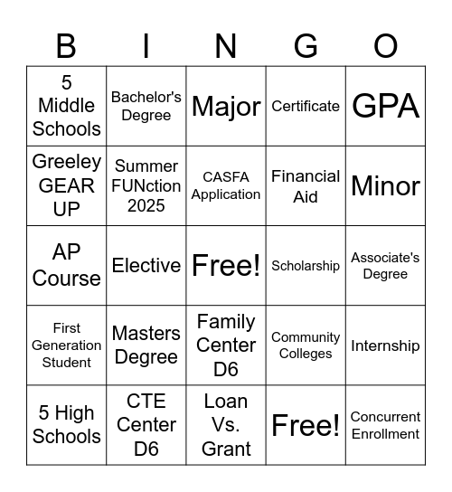 Gear Up Family Night Noche de Familia Bingo Card