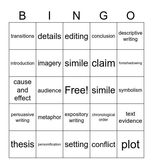8 ELA Writing Terms Bingo Card