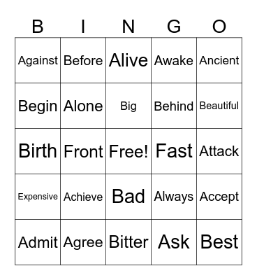 Antonyms Bingo Card