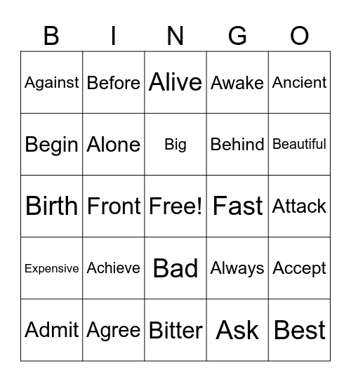 Antonyms Bingo Card
