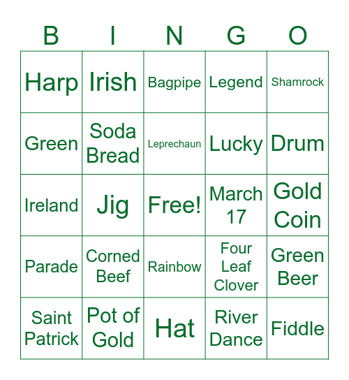 St Patrick's Day Bingo Card