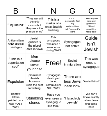 Jewish Walking Tour Bingo Card