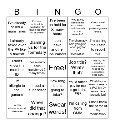 Pharmacy Call Center Bingo Card