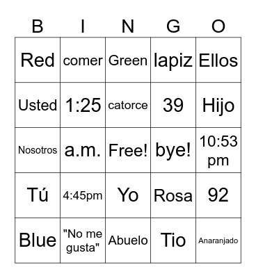 Sp.1-Colors/Numbers/Time/Numbers Bingo Card