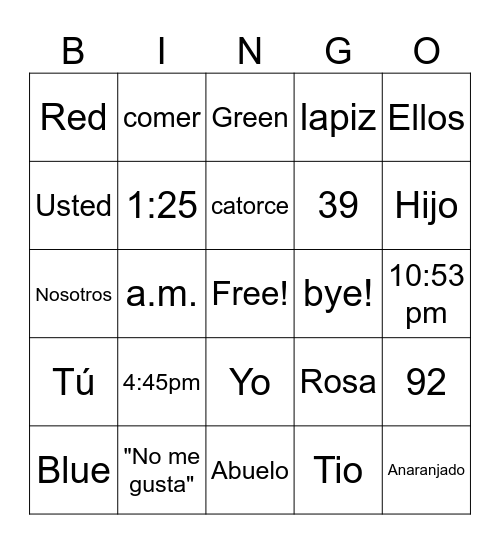 Sp.1-Colors/Numbers/Time/Numbers Bingo Card