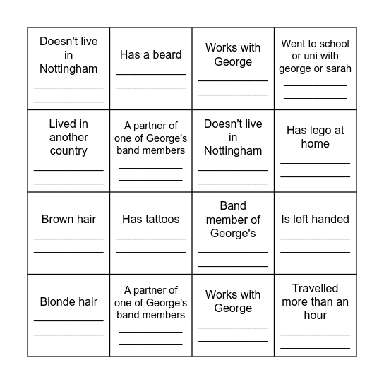 Guest bingo! First 10 to complete, find Sarah or George for a drink on us :) ! Find someone who... Bingo Card