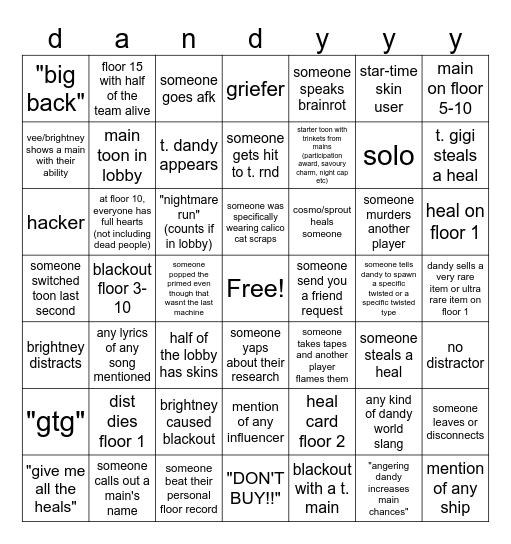 Dandy's World Bingo Card