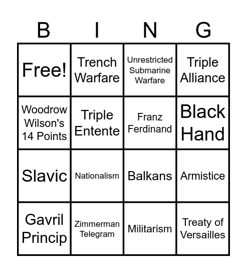 WWI VOCAB Bingo Card