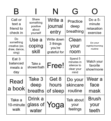 Self-care BINGO Card