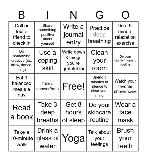 Self-care BINGO Card