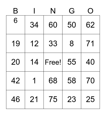 Numbers Bingo Card