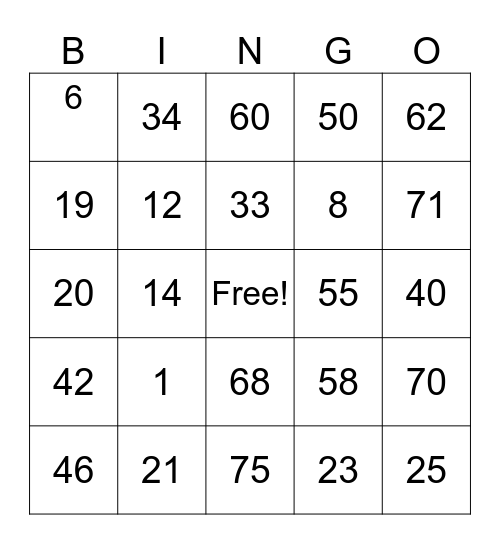 Numbers Bingo Card