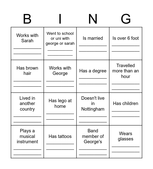 Guest bingo! Find Sarah or George when complete for a drink on us! Bingo Card