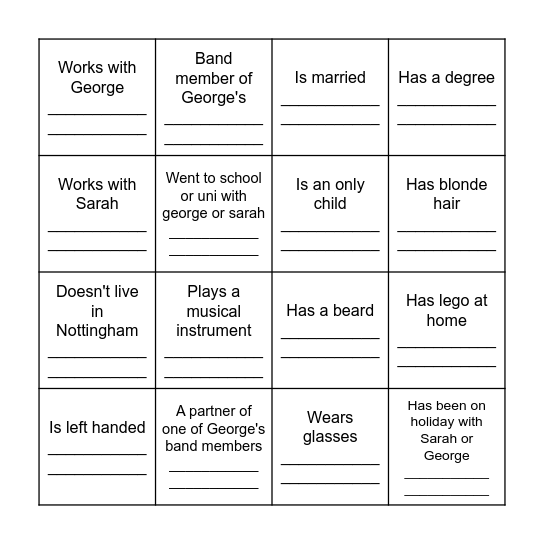 Guest bingo! Find Sarah or George when complete for a drink on us. Find someone who... Bingo Card