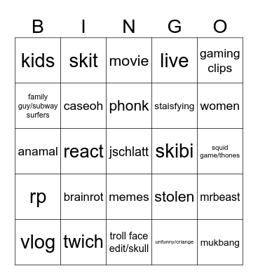 yt shorts bingo Card